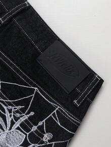 时尚街头嘻哈蜘蛛网刺绣直筒宽松阔腿男士牛仔裤 - 黑色 - 查看 7