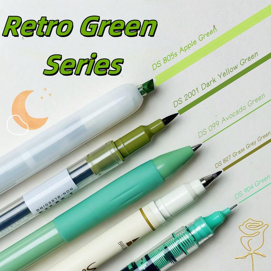 5pcs Retro Green Neutral Pens, Includes 5 Different Models, Suitable For Drawing, Writing, Engineering Drafting, Doodling, Office And School Supplies - 5 Retro Blue - View 1