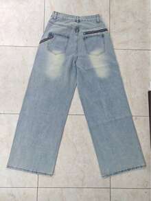 Women Straight-Leg Jeans, Relaxed Fit Washed Long Pants, Zip-Up Casual Trousers - Blue - View 2