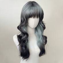Women's Long Curly Hair With Bangs, Gray-Green Gradient Black Layered Curly Wig, Made Of Heat-Resistant Synthetic Fiber, Fashionable And Unique, Suitable For Everyday Wear, Vacations, Music Festivals And Parties, And Cosplay. - Ombre - View 3