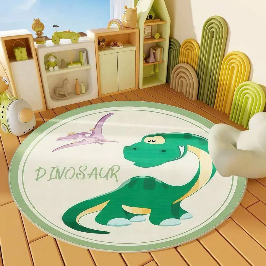 1pc Dinosaur Design Round Rug, Non-Slip Easy To Clean Durable Carpet, Suitable For Bedroom/Living Room/Kitchen And Other Areas, Soft Plush Rug - Multicolor - View 1
