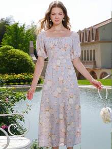 Women's Floral Print Elegant Front Drawstring Dress - Multicolor - View 3