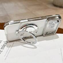 Diamond Luxury Shiny Rhinestone Lens Protection Plating Anti-Drop Phone Case, With Shiny Sequin Makeup Mirror Finger Ring Holder, High-Quality Shock-Proof Frame Back Cover, Compatible With IPhone 17/16E/15/14/13/12/11/X/XS Max/XR/Pro Plus/8/7, Galaxy A02S-A07/A12-A17/A22-A26/A32-A36/A50-A56/S20-S25, Honor Magic, OPPO Reno, Redmi, Infinix Smart - Silver - View 6