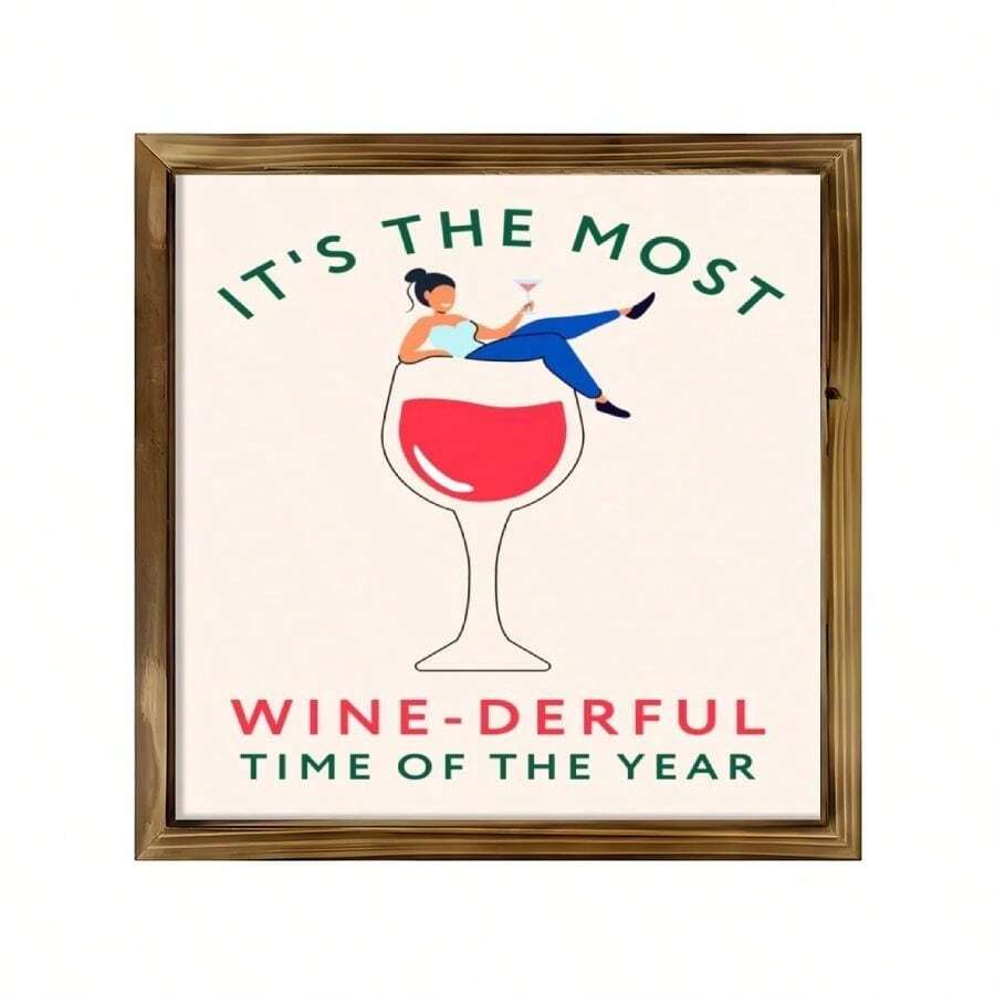 1Pc Christmas&Winter Wood Frame Sign Festive Atmosphere, A Woman In A Wine Glass, Modern Illustration Style Wood Frame Wall Art Wall Pediments, 8x8inch Wall Decor Christmas Decorations, Perfect For Room Decor Living Room Bedroom Office Kitchen Bathroom Bar Home Decor, Vintage Rustic Gifts For Family, Friends, 2D Flat - Rust Brown - View 1