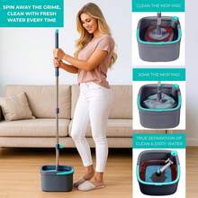 & Tidy True Clean Spin Mop & Bucket System – Dual Compartment Design For Clean & Dirty Water, 360 °   Swivel Mop Head, Built-In Scrubbing Brush, Stainless Steel Handle & 2 Reusable Microfiber Pads - 旋轉拖把標準 - 查看 1