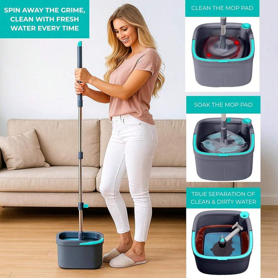 & Tidy True Clean Spin Mop & Bucket System – Dual Compartment Design For Clean & Dirty Water, 360 °   Swivel Mop Head, Built-In Scrubbing Brush, Stainless Steel Handle & 2 Reusable Microfiber Pads - 旋轉拖把標準 - 查看 1