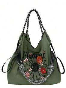 1个超大尼龙休闲刺绣菊花手提包，适合海滩、超市、购物、校园等场合，2025年流行大容量单肩斜挎包，女士款 - 彩色 - 查看 4