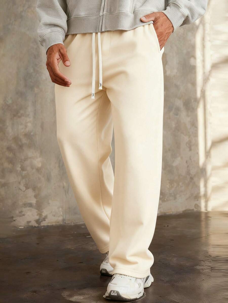 Men's Drawstring Waist Loose Wide Leg Casual Sweatpants, Autumn/Winter - Apricot - View 1