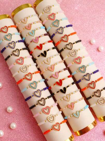 6Pcs/Lot Exquisite Fashion Cute Sweet Girls Boys Bracelets With Rhinestones Acrylic Beads Adjustable Drawstring Styles Birthday Party Children's Day Gifts Daily Wearing Accessories Random Styles