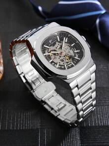 RICECGO 1 chiếc đồng hồ nam tự động cơ khí dây thép, đồng hồ đeo tay công sở, phù hợp để đeo hàng ngày và trong các cuộc họp kinh doanh, món quà lý tưởng cho sinh nhật, Ngày của Cha, Ngày Valentine, đồng hồ nam, quà tặng nam - Bạc - Xem 9