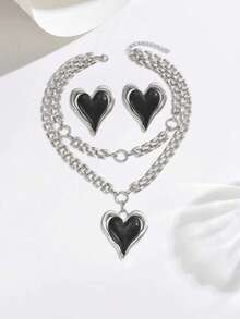 Bộ 3 dây chuyền kim loại + hoa tai phong cách Âu Mỹ, dây chuyền mặt trái tim phối màu thời trang với thiết kế dây xích hai lớp, hoa tai hình trái tim phóng đại, quà tặng cao cấp cho tiệc tùng và lễ hội - có màu bạc - Xem 3