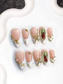 10pcs Y2K Retro Nail Stickers Set, Simple White Nail Wraps, Almond Shape, Square, Duck Mouth, Nude & White French Tips, Cross & Bead Decor, Suitable For Party, Wedding, Autumn/Winter Daily Wear, Includes Tool Kit, Great Gift For Women & Girls - 彩色 - 查看 3