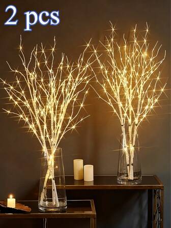 2-pack 0,79 x 29,92 tum höga palmkvistlampor - 40 varmvita lysdioder, batteridrivna rustika dekorationer för jul, bröllop, nyår, Halloween, Hanky ​​​​Panky - mångsidiga inomhusdekorationer för vas, bord, sovrum, vardagsrum (batterier ingår ej), juldekorationer, jul, halloweendekorationer, pilkvistdekorationer, tallkvisttema festtillbehör 2