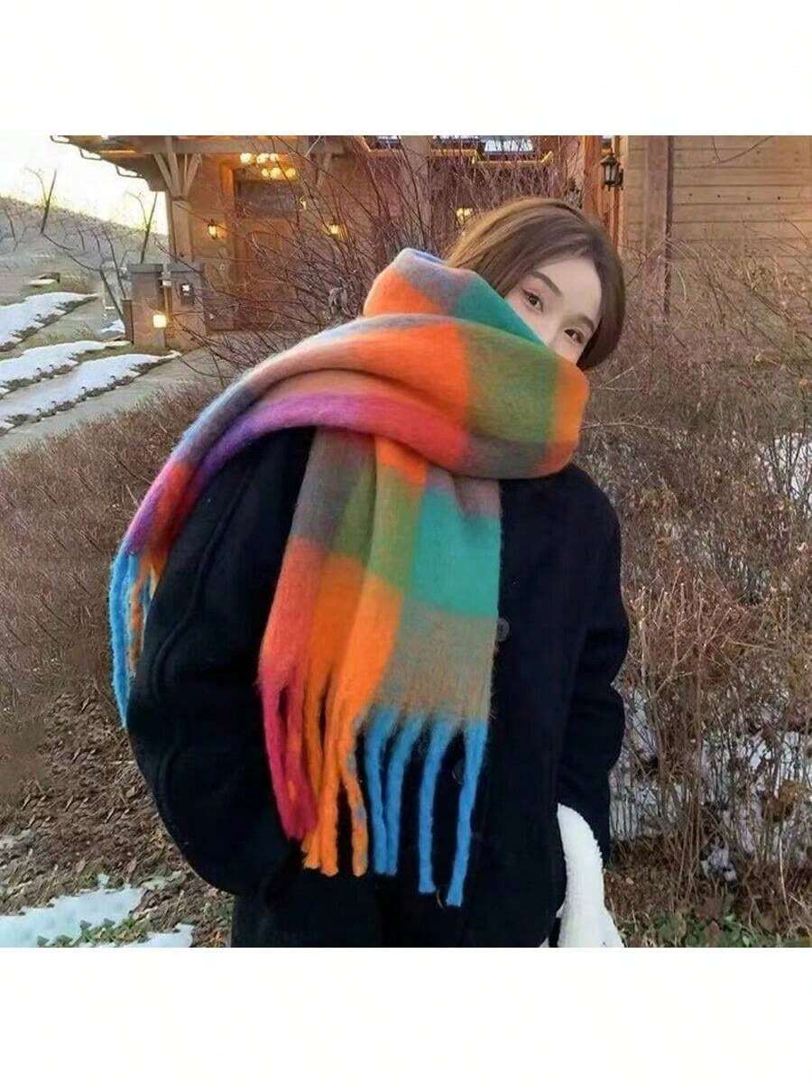 1pc Women's Autumn/Winter New Plush Tassel Scarf, Warm And Comfortable Large Shawl, Windproof And Warm For Outdoor, Simple And Versatile For Daily Wear Women Winter Scarves - đỏ cam xanh - Xem 1
