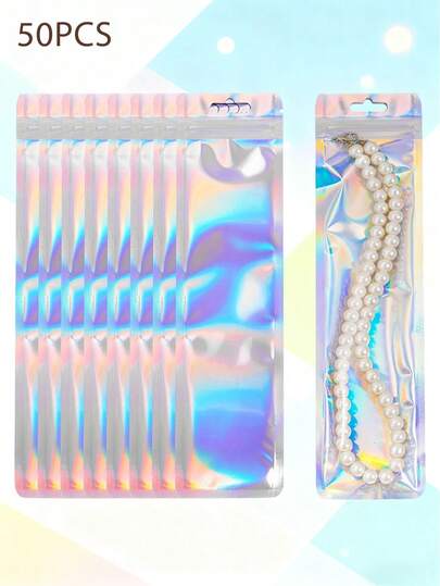50pcs Holographic Laser Foil Self-Sealing Bags, Resealable Leak-Proof, Suitable For Packaging Pens, Lip Gloss, Jewelry, Cosmetics And Candies