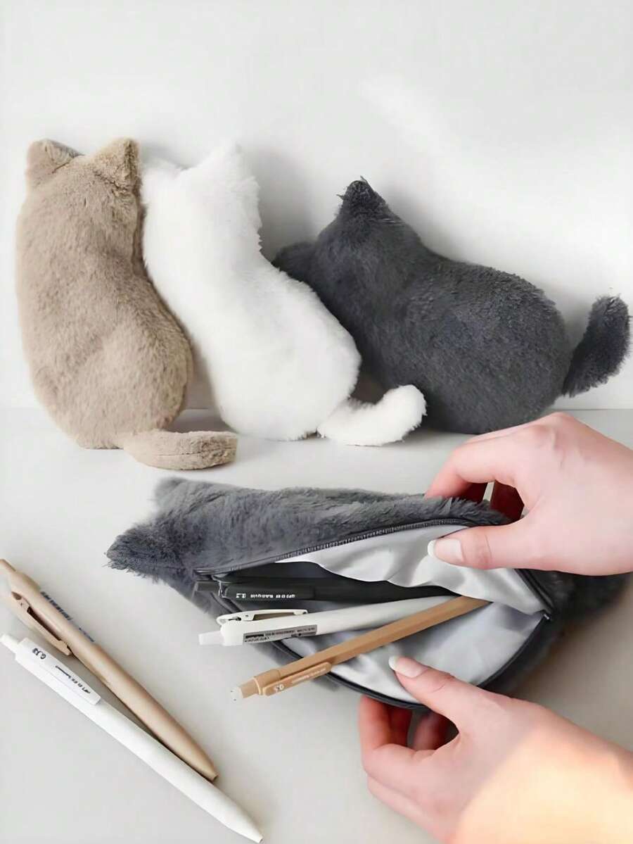 1个毛绒猫咪造型铅笔盒，触感柔软，大容量多功能收纳袋，文具整理袋，化妆包，创意学生桌面收纳袋，节日礼物，返校用品 - 彩色 - 查看 1