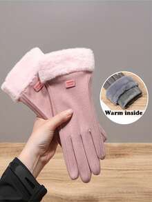 1Pair Adorable Student Warm Gloves For Women, Responsive Touchscreen Thickened Windproof – Fall & Winter Essential For Riding & Daily Use - Hồng - Xem 8