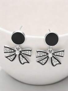 1 Pair Glamorous Rhinestone Bow Earrings, Suitable For Daily Wear - Silver - View 3