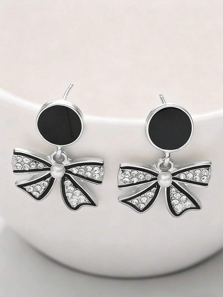 1 Pair Glamorous Rhinestone Bow Earrings, Suitable For Daily Wear