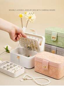 Luxury Printed Portable Jewelry Box With Layered Compartments For Versatile Accessory Storage, Lockable Jewelry Case With Velvet Lining, Earring, Ring, Necklace Organizer, Ideal Gift For Women And Mothers, Large Capacity Display Box ,Room Decor - Multicolor - View 2