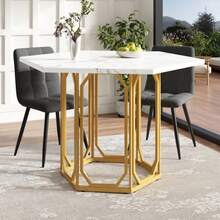 Round Dining Table (1 Piece) Kitchen Table Breakfast Table Metal Legs Marble Pattern Gold/Black - Gold2 - View 1