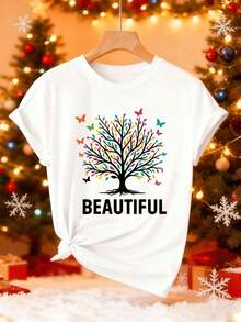 poeselle mujer poeselle mujer Camiseta gráfica de mariposa y árbol. Tejido premium, corte holgado, transpirable, estilo urbano hip-hop - Blanco - Ver 2