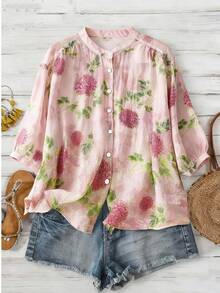 New Arrival Loose Style Artistic Sweet Round Neck Mid-Sleeve Peony & Ditsy Floral Blouse