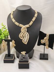 Ensemble de bijoux mode du Moyen-Orient, collier pour femme, pendentif doré, boucles d'oreilles de mariage et bague plaqué or de luxe - Doré - Voir 9