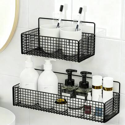 2个装壁挂式收纳篮，黑色金属挂篮，粘钩式壁挂篮，免钻孔浴室收纳篮，浴室淋浴置物架，多用途收纳篮，适用于厨房、食品储藏室、衣柜、洗衣房、橱柜、浴室等。