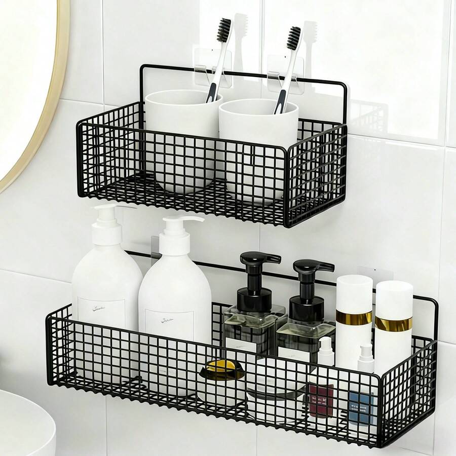 2 giỏ đựng đồ treo tường, giỏ treo bằng kim loại màu đen, giỏ treo tường có móc dán, giỏ đựng đồ nhà tắm không cần khoan, giá đựng đồ tắm, giỏ đựng đồ đa năng cho nhà bếp, phòng đựng thức ăn, tủ quần áo, phòng giặt, tủ đựng đồ, phòng tắm.