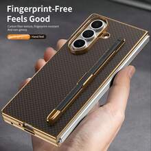 VIETAO Electroplated Design Built-In Pen Phone Case, Compatible With Samsung Galaxy Z Fold 7 6 5 4, Carbon Fiber Texture Phone Case - Brown - View 7