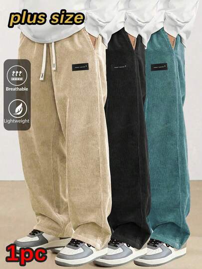 Plus Size Men's Corduroy Straight Leg Retro Pants, Drawstring Elastic Waist, Suitable For Casual, Sports, Hiking Wear, Spring/Autumn