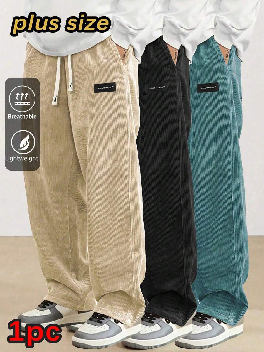 Plus Size Men's Corduroy Straight Leg Retro Pants, Drawstring Elastic Waist, Suitable For Casual, Sports, Hiking Wear, Spring/Autumn