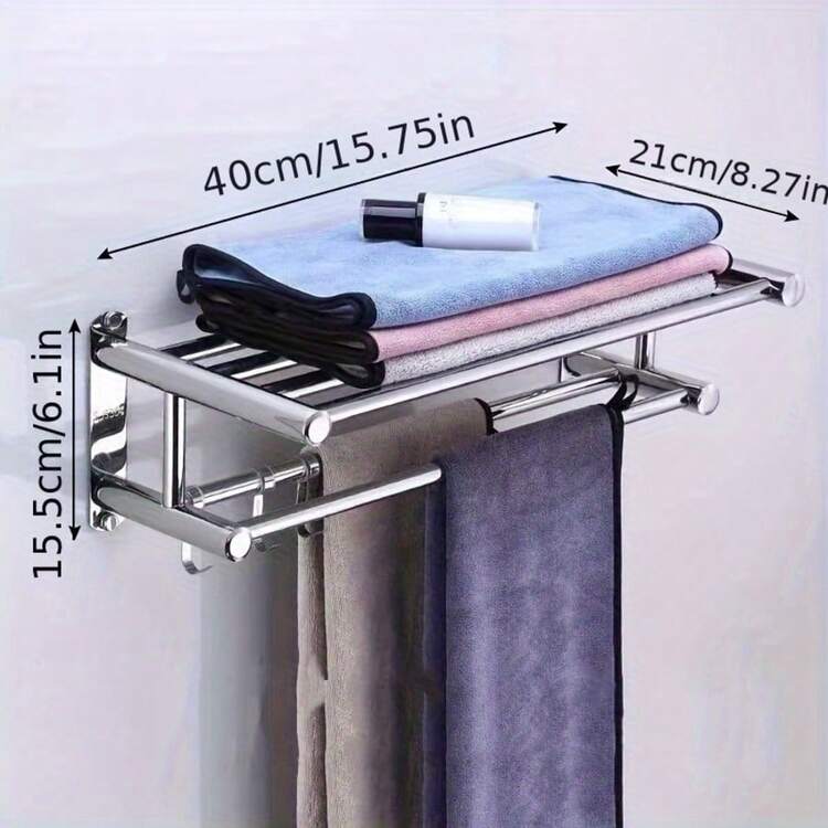 Toallero de pared para baño con barra para toallas, toallero de acero inoxidable con gancho, estantería de almacenamiento para baño, colgador de ducha, estantería de almacenamiento plateada para baño, ligera y duradera, adecuada para hoteles, apartamentos, habitaciones de alquiler, baños y cuartos de ducha - Plateado - Añade 1