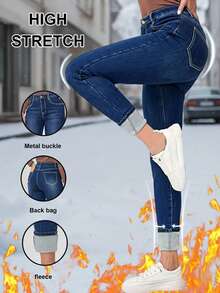 Leggings de mezclilla lavada para mujer de otoño e invierno talla grande pantalones con forro polar, pantalones gruesos y cálidos con forro polar de otoño e invierno, adecuados para salir en otoño e invierno, ropa con ambiente navideño