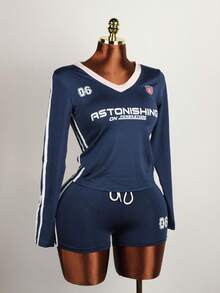 FQLWL 夏季运动女装两件套俱乐部服装字母印花 V 领短款上衣 + 配套抽绳短裤休闲运动服