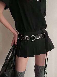 1pc Women's Coffee Color PU Round Ring Studded Buckle Waist Belt Summer, School Fall, Autumn, Halloween - 黑色 - 查看 6