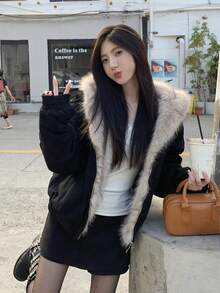 Distressed Vintage Washed Short Padded Coat With Detachable Fur Collar, Unisex Deconstructed Streetwear Style