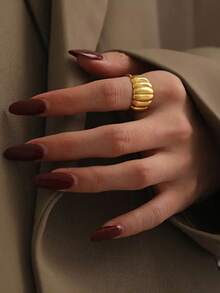 1pc Minimalist Ribbed Stripe Metal Feeling Open Ring, Adjustable Size Stainless Steel Gold Plated Wave Pattern Versatile Fashion Accessory Suitable For Daily Wear And Gift - Multicolor - View 6