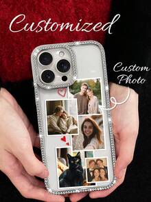 One Personalized Customized Five Photo Name Anti Drop Electroplated Sparkling Diamond Phone Case, Suitable For IPhone 17/Air/17pro/17promax/16/15/14/13/12/11 And Other Models, Suitable As A Gift For Girlfriends, Couples And Family