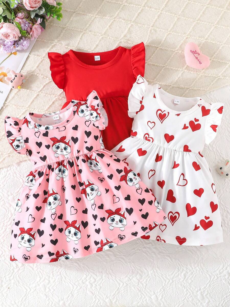 3pcs/Set Cute Casual Cartoon Cat & Heart Pattern Ruffle Sleeve Dress Set For Baby Girls, Suitable For Daily Wear And Outdoor In Summer - Red - View 1