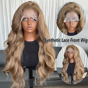 פאות קדמיות סינתטיות 13x4 חום לנשים 22 אינץ' ארוכות גליות גוף גל ללא דבק שיער קנקלון עמיד שיער סינטטי פאות חינם 150% צפיפות או נשים לשימוש יומיומי פאות סינתטיות רכה למראה טבעי קל להתקנה ולהסרה למתחילים