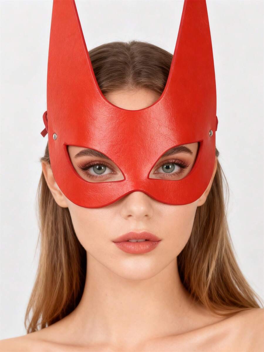 Half Eyes Cosplay Face Cat Mask Leather Harness Mask Anime Women Leather Fun Halloween Masquerade Roleplay Party Mask - Red - View 1