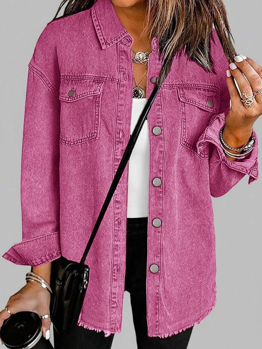 女士冬季街头风超大款毛边牛仔外套，配优雅衬衫领 - 粉色 - 查看 1
