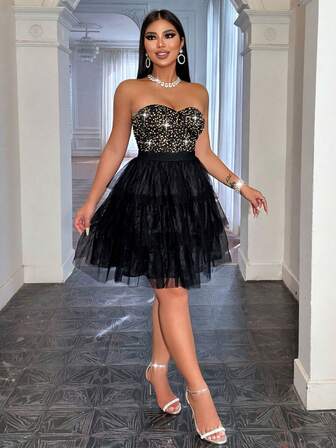 CHOSMO Black Wedding Dress Prom Dresses For Women Halloween Black Tube Top Slim Sequin Splicing Upper Body Backless High Waist Netted Underskirt Mini A Line Dress,Homecoming Dresses,Wome's Party Outfits,Elegant Prom Dress