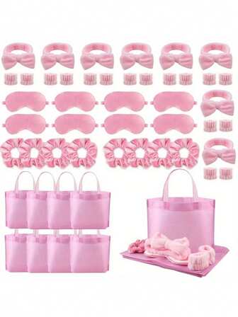 Sleepover Party Supplies Set, 6/12pcs For Lady Skincare Headband And Wristband Set Eye Mask Hair Scrunchie Tote Bag Spa Party Supplies Sleeping Stuff Accessories For Wedding Slumber Party Spa Birthday Party Favors Moms Gift, Mother's Day Decor,Gift For My Mother