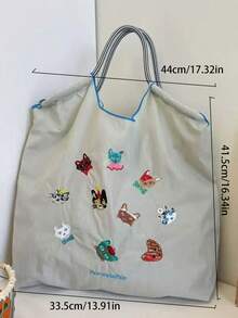1pc New Embroidered Cute Cat Head Pattern Shopping Bag, Large Capacity Commuter Travel Bag, Drawstring Handbag, Versatile Nylon Shoulder Tote Bag - Multicolor - View 5