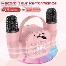 PAKRYS Karaoke Machine With Bluetooth Stand, Recording & Storage, For Kids & Adults, Portable Bluetooth Dual Speakers, Includes 2 Wireless Microphones, 800mAh Battery, Colorful Lights Karaoke Machine, Suitable For Home And Outdoor Karaoke (Pink) - one-size - View 7