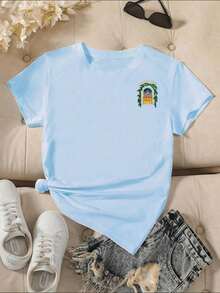 女士可爱圆领短袖T恤，饰有拱形风景印花，舒适修身针织面料，夏季上衣 - 粉紅藍黃 - 查看 4