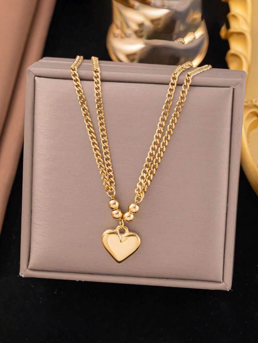 1 件装女士多层金色心形吊坠项链，不锈钢项链，适合日常佩戴，礼品 - 金黃色 - 查看 1